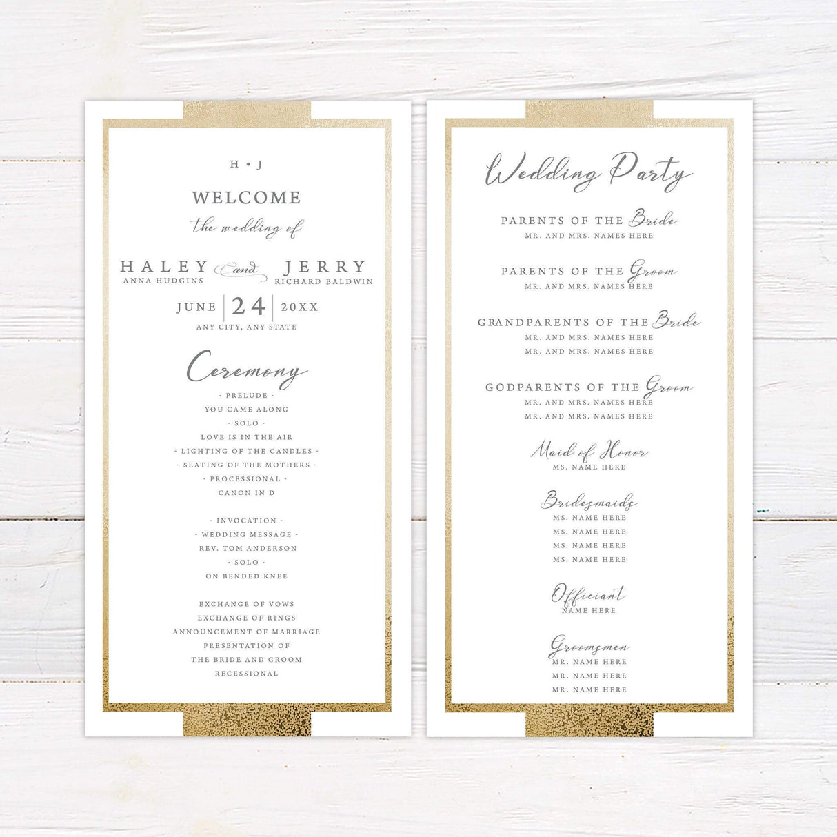 A program with a white background features a modern and elegant design with a metallic gold border. The text is arranged in a refined mix of serif and script fonts, creating a sophisticated and timeless look. Event details, including the date, time, and venue, are centered for a structured and polished appearance. This design exudes luxury and simplicity, making it perfect for formal, modern, or classic celebrations.