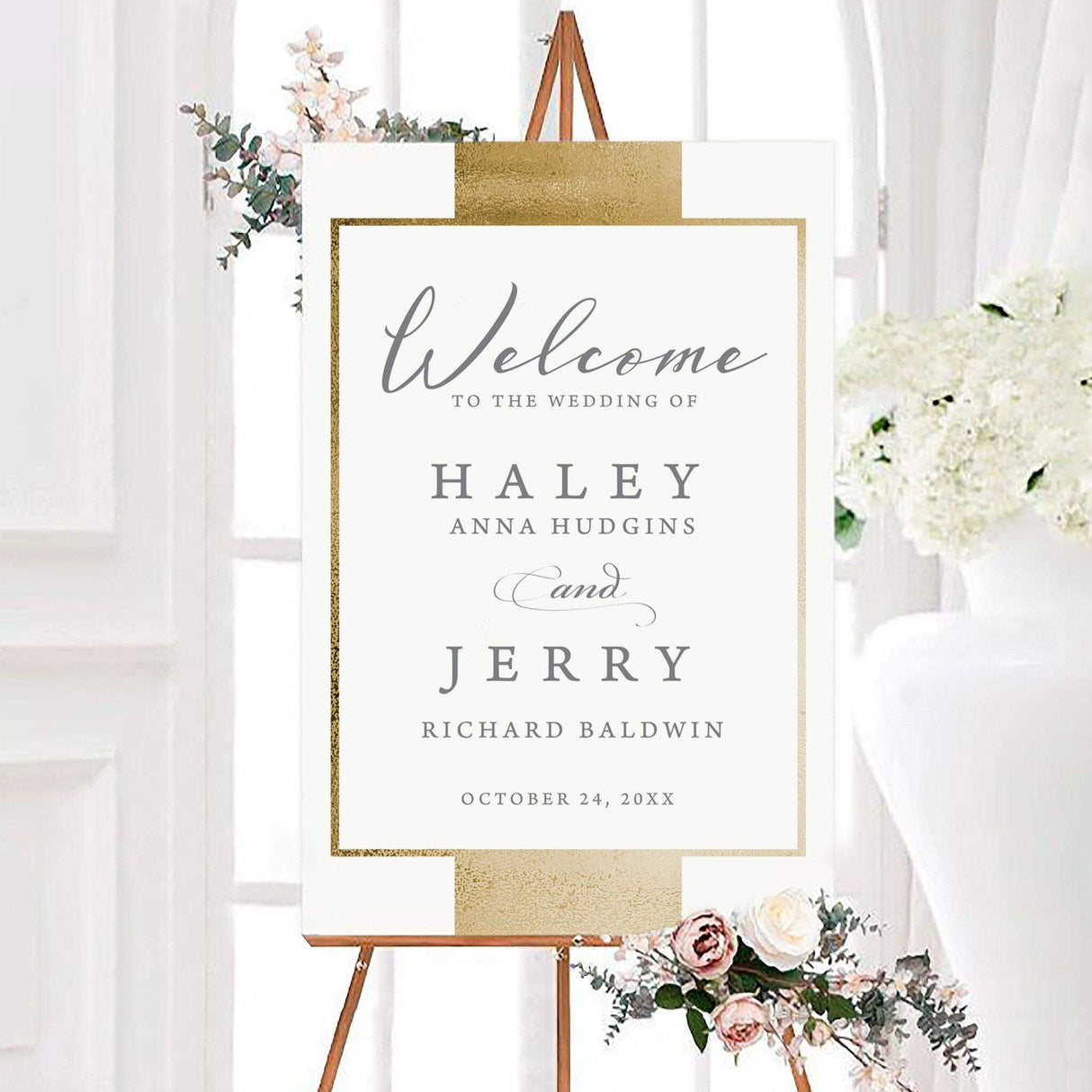 A sign with a white background features a modern and elegant design with a metallic gold border. The text is arranged in a refined mix of serif and script fonts, creating a sophisticated and timeless look. Event details, including the date, time, and venue, are centered for a structured and polished appearance. This design exudes luxury and simplicity, making it perfect for formal, modern, or classic celebrations.