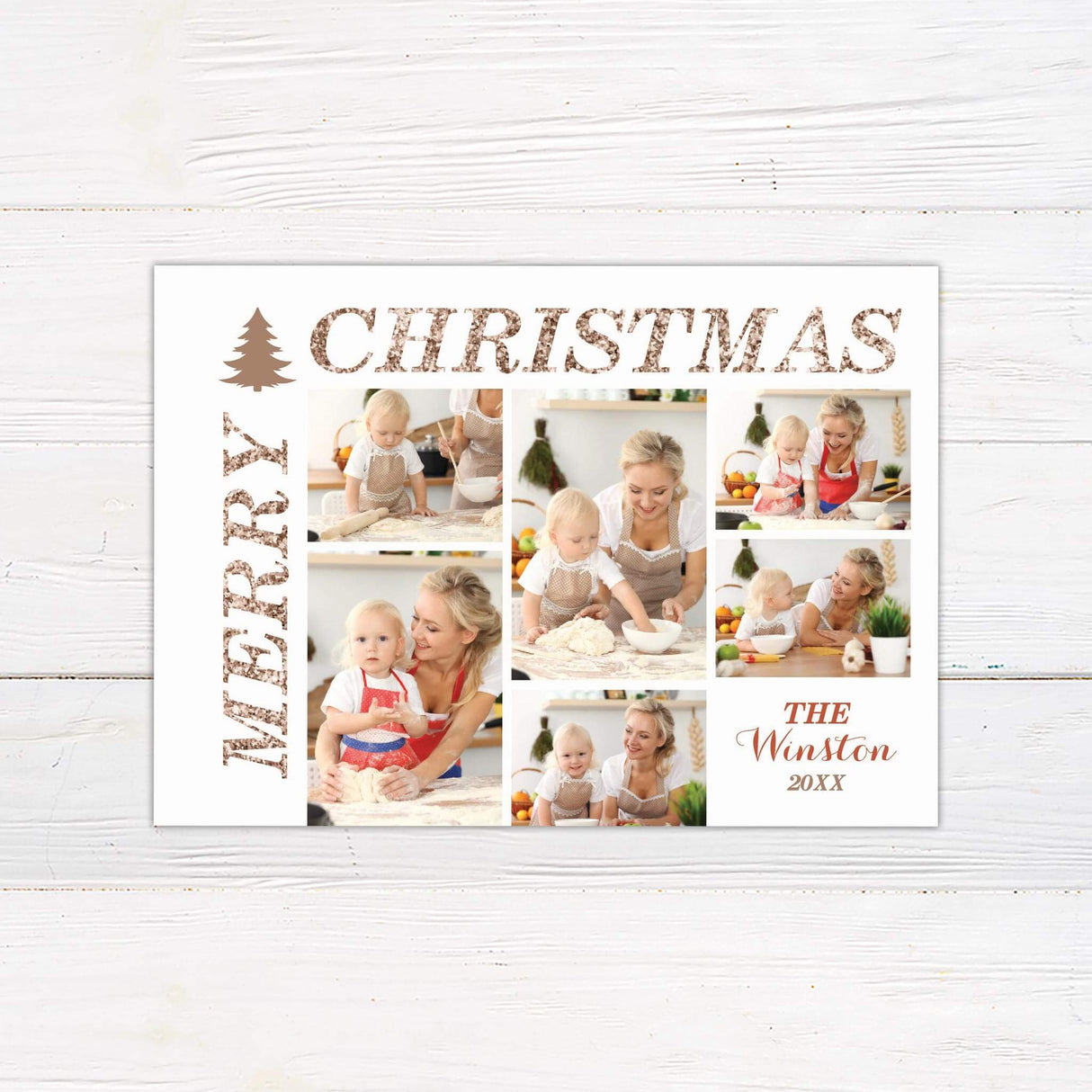 Golden photo collage Christmas card with multiple family photos, bold Merry Christmas text, and personalized family name.