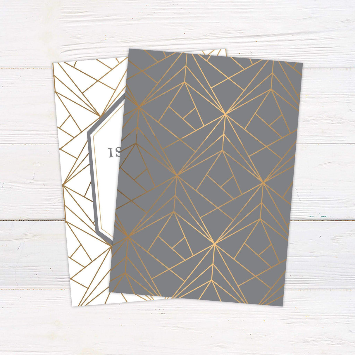 Modern geometric gold wedding invitation  back with hexagon frame, gold line pattern, and classic serif fonts on gray background,