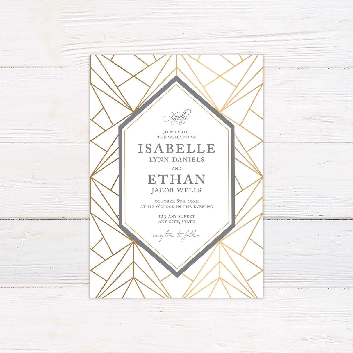 Modern geometric gold wedding invitation with hexagon frame, gold line pattern, and classic serif fonts on white background,