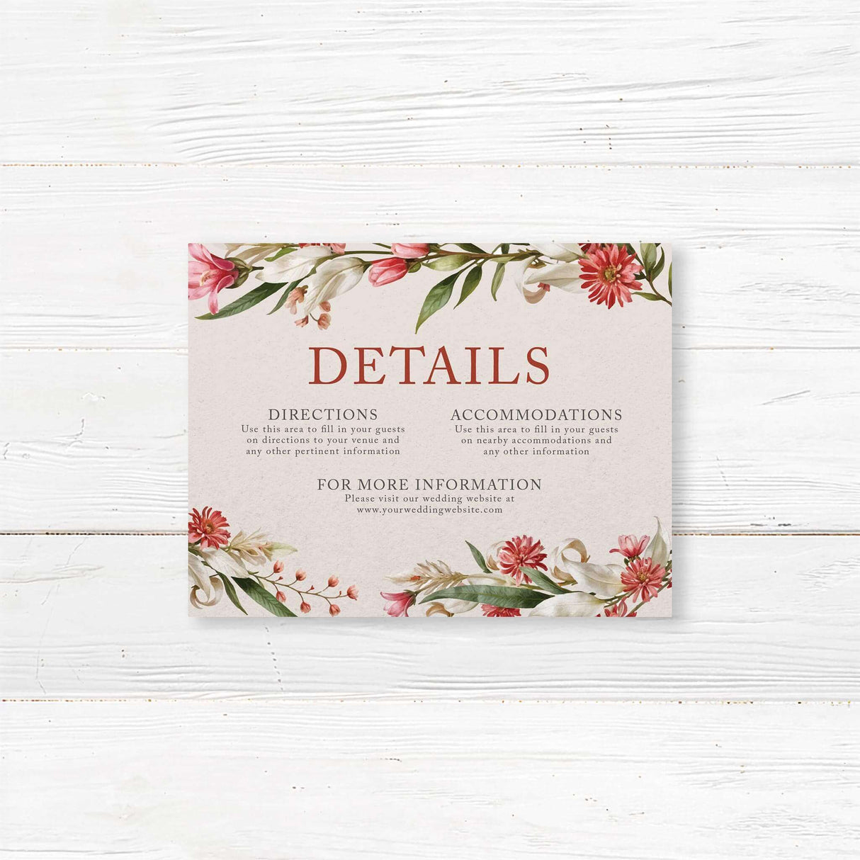 Charming floral wedding card details with vibrant flowers, providing guests with important information for the special day.