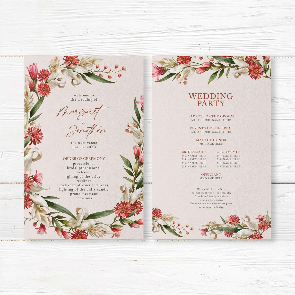 Elegant wedding invitation with a floral design featuring red, pink, and white flowers with green leaves arranged in a wreath. The text is in a mix of script and serif fonts providing details such as order of events.