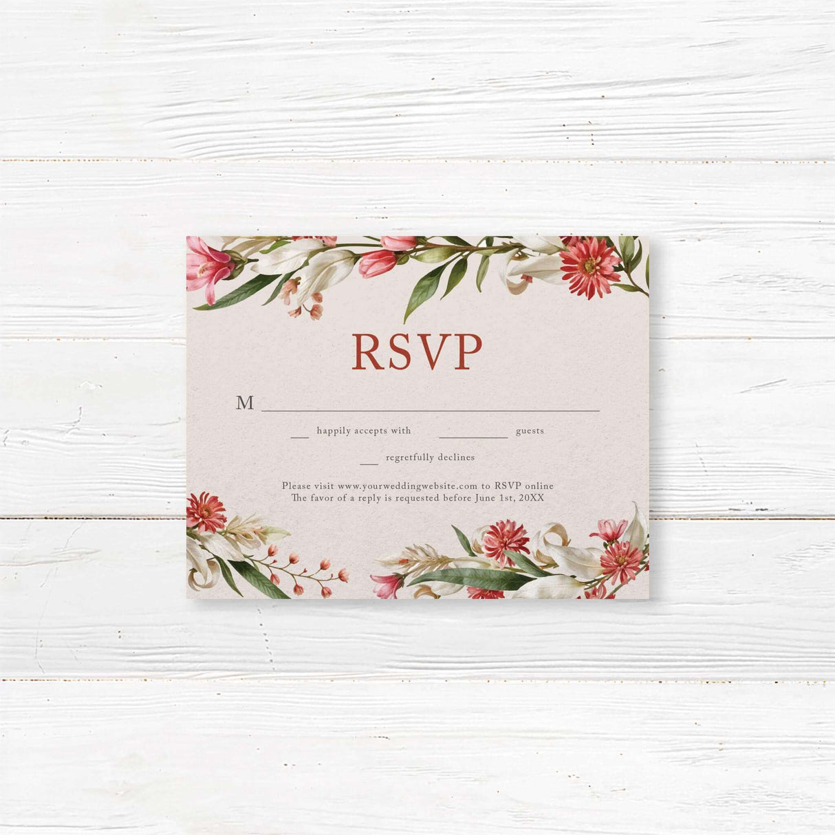 Elegant rsvp with a floral design featuring red, pink, and white flowers with green leaves arranged in a wreath. The text is in a mix of script and serif fonts.