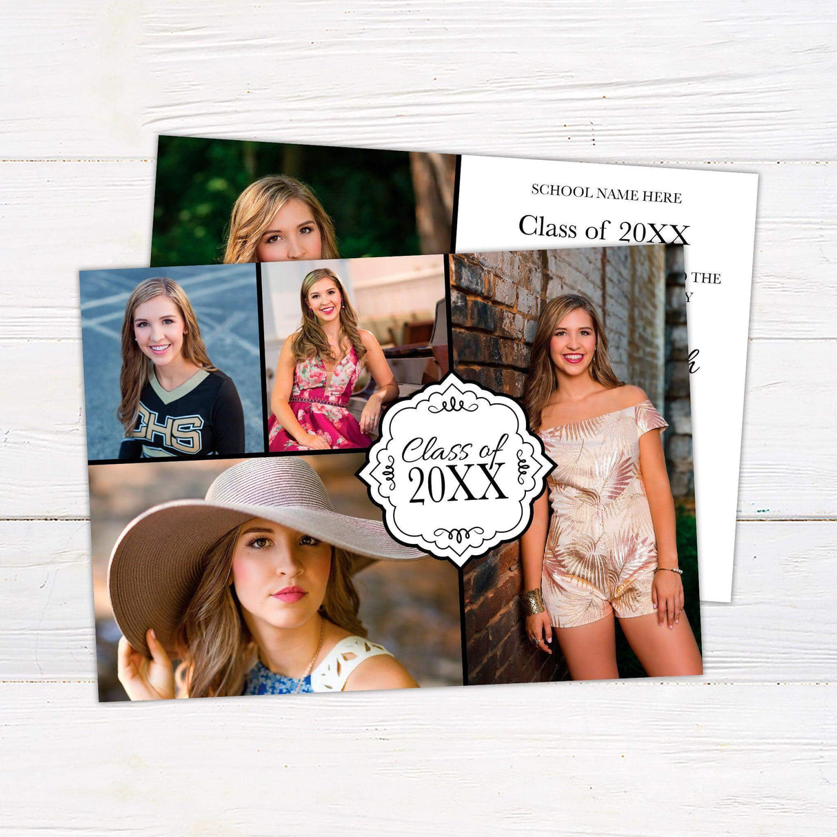 Elegant graduation invitation featuring a split design with a full photo on the left and graduation details on a solid color block on the right. The text area includes the graduate’s name, class year, school name, and ceremony details. The color of the design can be customized to match the graduate’s school colors. Back White.