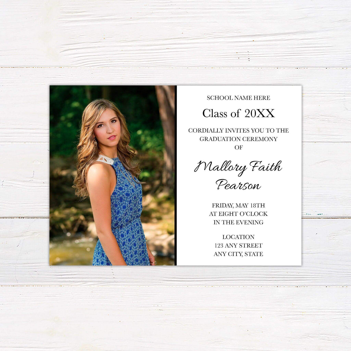 Elegant graduation invitation featuring a split design with a full photo on the left and graduation details on a solid color block on the right. The text area includes the graduate’s name, class year, school name, and ceremony details. The color of the design can be customized to match the graduate’s school colors. White.