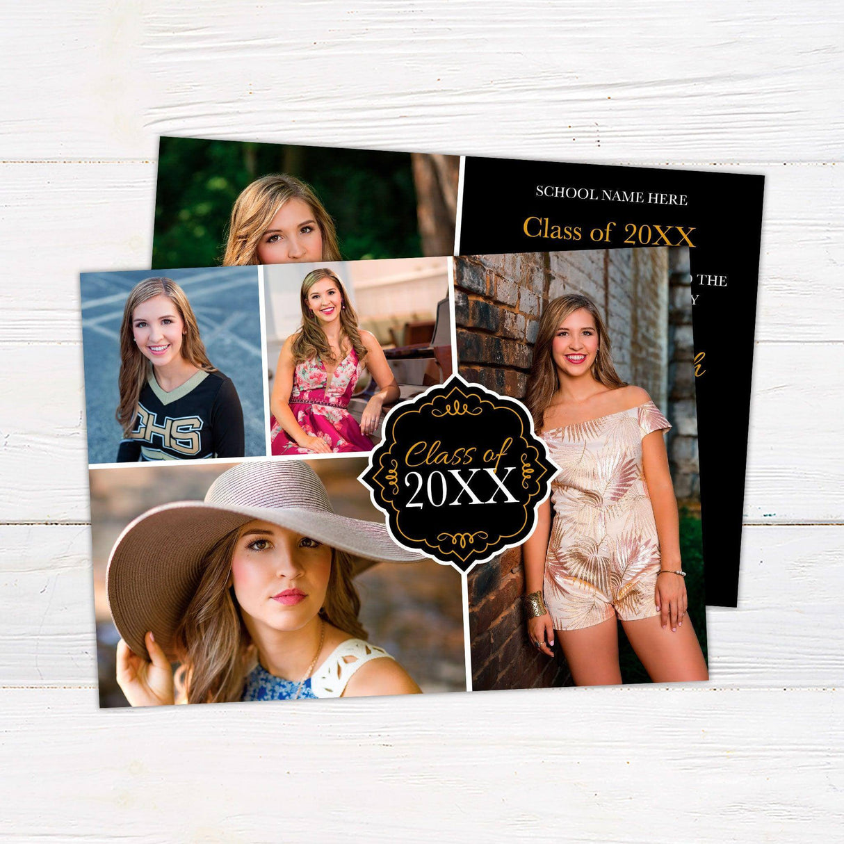 Elegant graduation invitation featuring a split design with a full photo on the left and graduation details on a solid color block on the right. The text area includes the graduate’s name, class year, school name, and ceremony details. The color of the design can be customized to match the graduate’s school colors. Back Black and Gold.