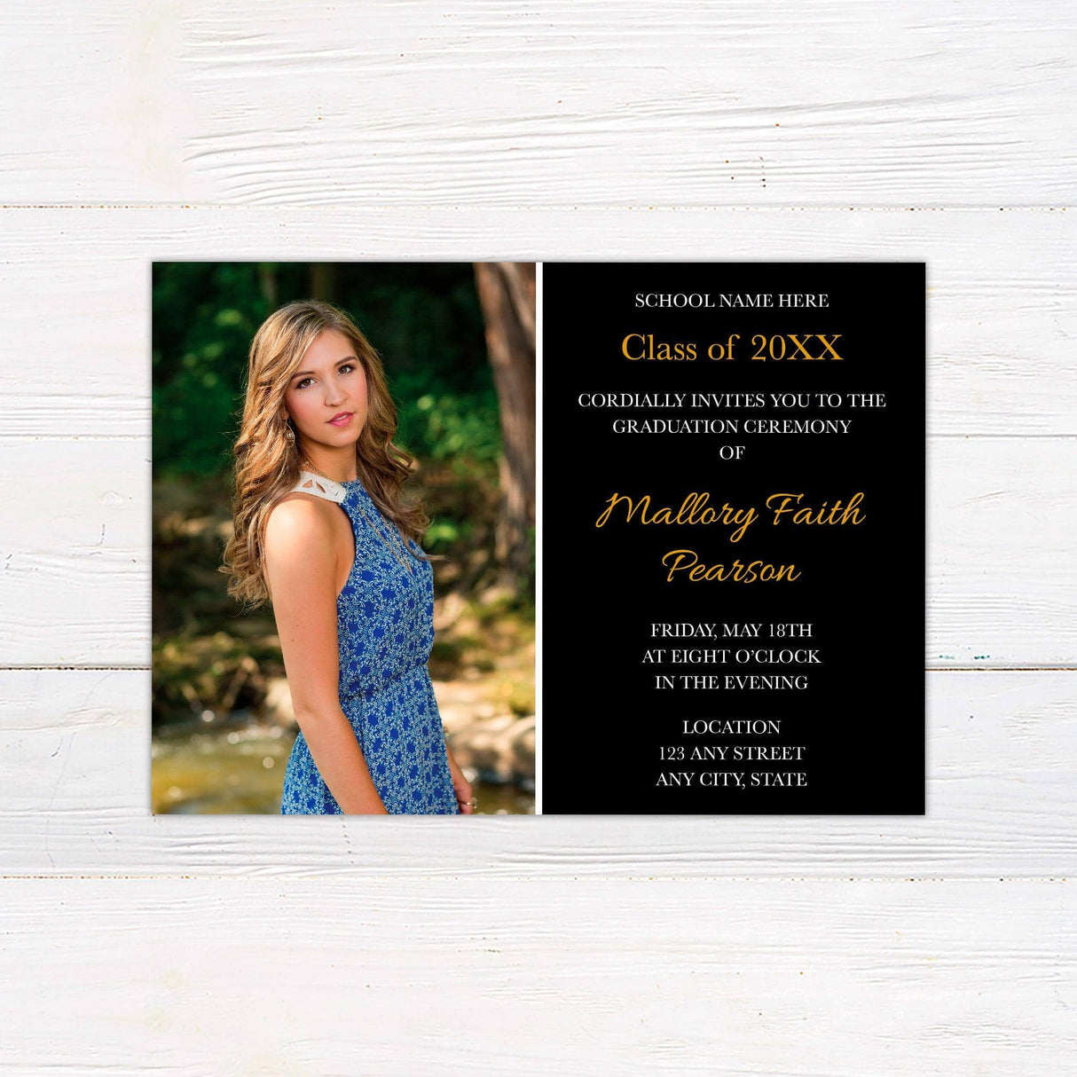 Elegant graduation invitation featuring a split design with a full photo on the left and graduation details on a solid color block on the right. The text area includes the graduate’s name, class year, school name, and ceremony details. The color of the design can be customized to match the graduate’s school colors. Black and Gold.