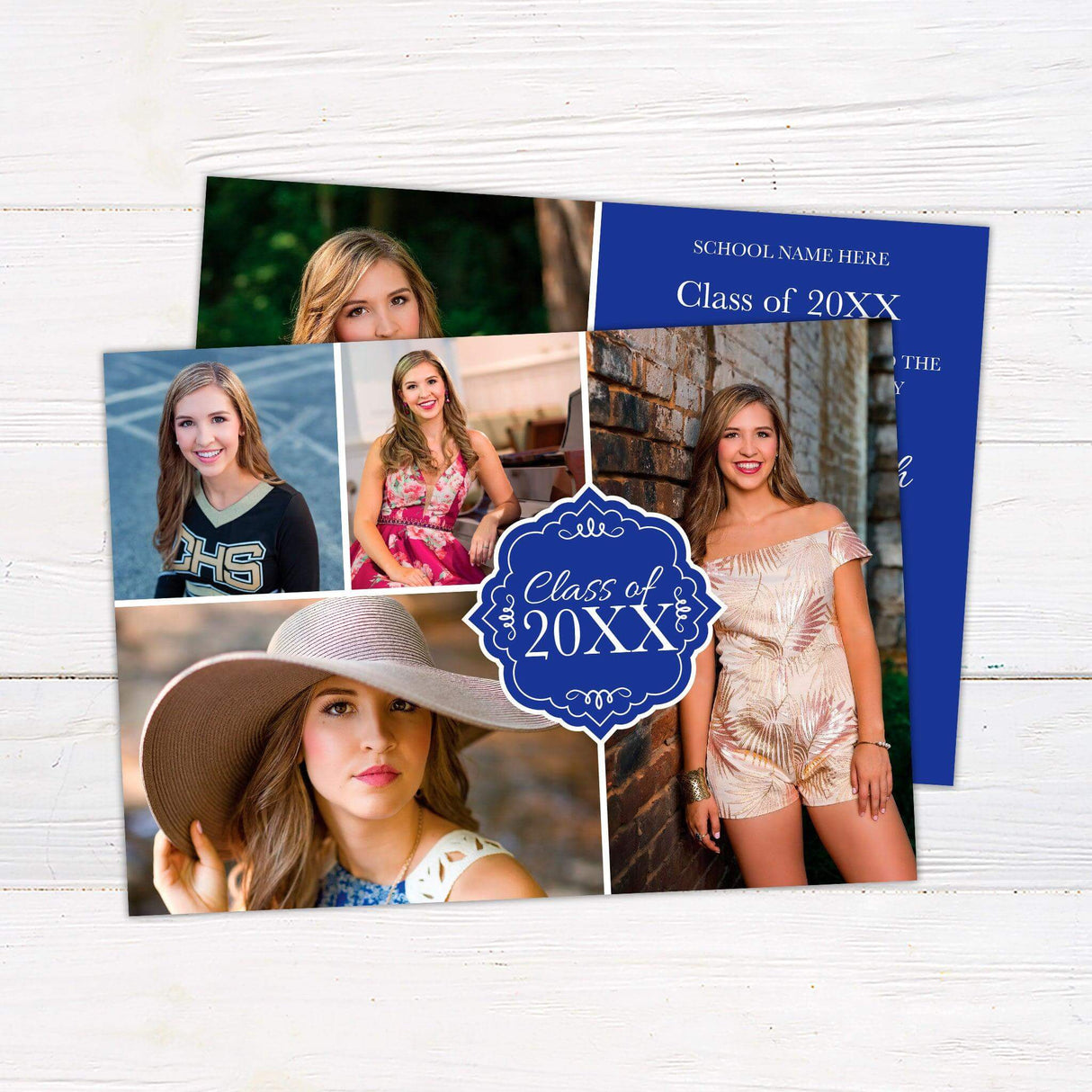 Elegant graduation invitation featuring a split design with a full photo on the left and graduation details on a solid color block on the right. The text area includes the graduate’s name, class year, school name, and ceremony details. The color of the design can be customized to match the graduate’s school colors. Back Blue.