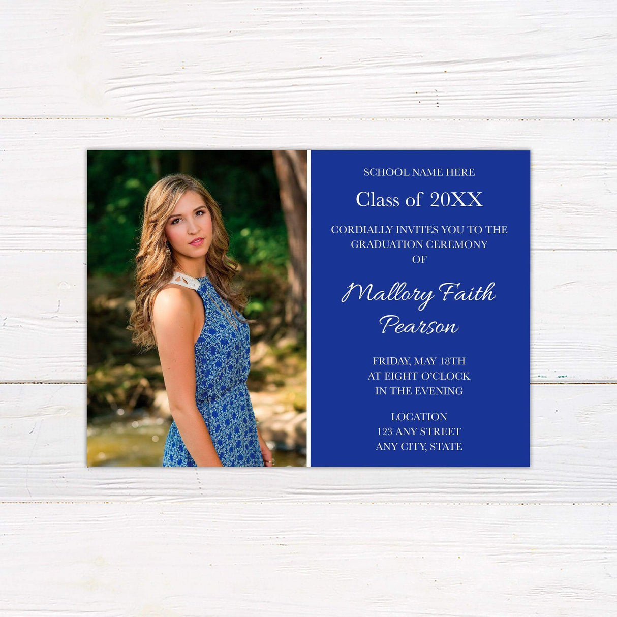 Elegant graduation invitation featuring a split design with a full photo on the left and graduation details on a solid color block on the right. The text area includes the graduate’s name, class year, school name, and ceremony details. The color of the design can be customized to match the graduate’s school colors. Blue.