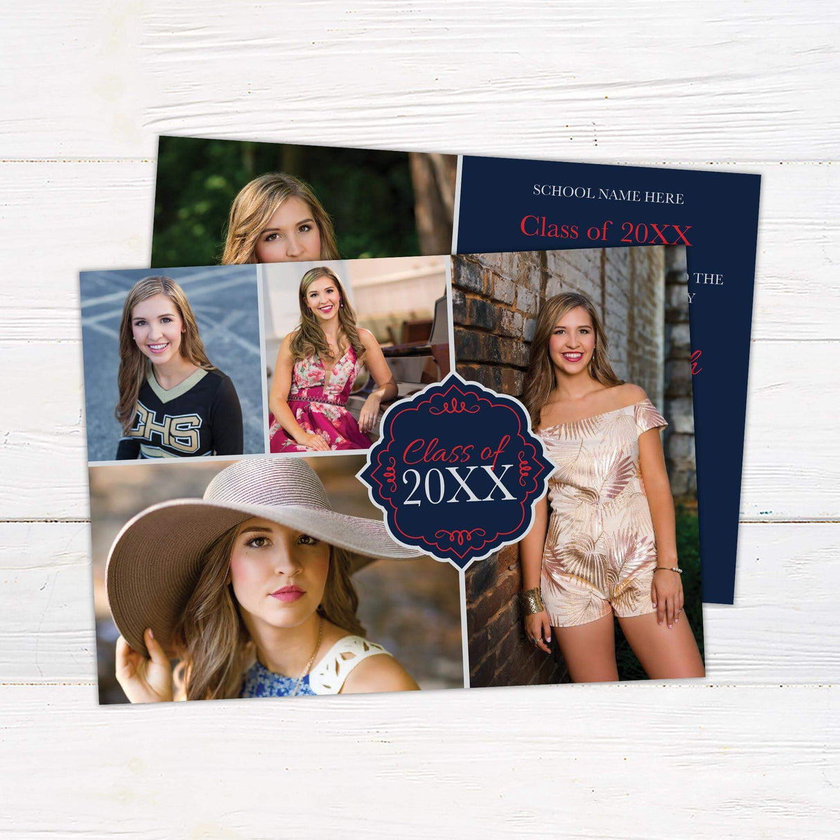 Elegant graduation invitation featuring a split design with a full photo on the left and graduation details on a solid color block on the right. The text area includes the graduate’s name, class year, school name, and ceremony details. The color of the design can be customized to match the graduate’s school colors. Back Navy and Red.