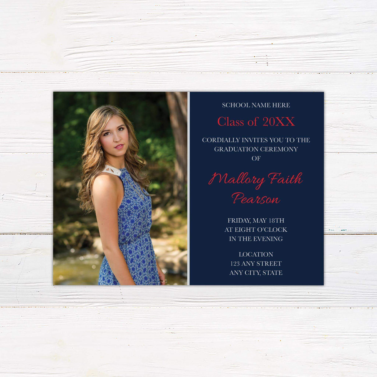 Elegant graduation invitation featuring a split design with a full photo on the left and graduation details on a solid color block on the right. The text area includes the graduate’s name, class year, school name, and ceremony details. The color of the design can be customized to match the graduate’s school colors. Navy and Red.