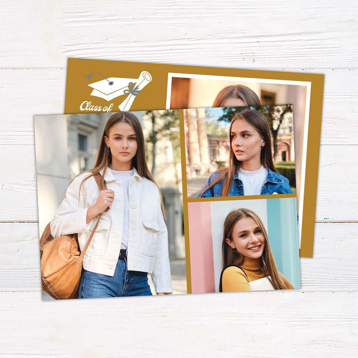 Custom graduation invitation with a split design. The right side features a bordered photo, while the left side includes graduation details with a mortarboard and diploma illustration at the top. The back of the invitation has three photos in a stylish color-block layout. The color is customizable to match school colors. Back Gold.