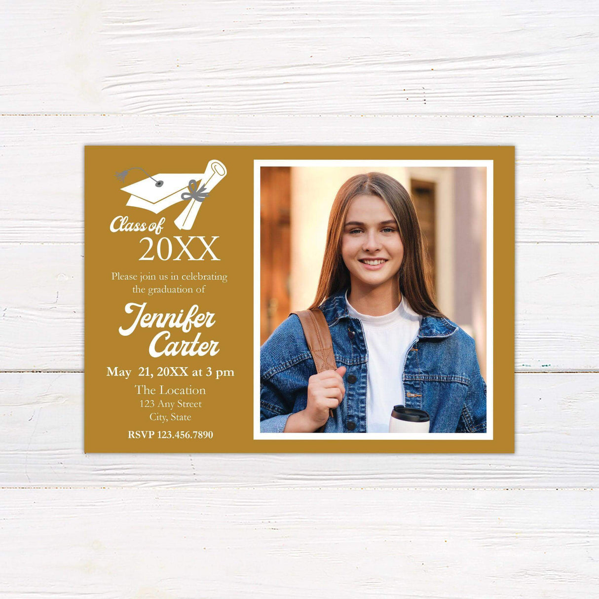 Custom graduation invitation with a split design. The right side features a bordered photo, while the left side includes graduation details with a mortarboard and diploma illustration at the top. The back of the invitation has three photos in a stylish color-block layout. The color is customizable to match school colors. Gold.