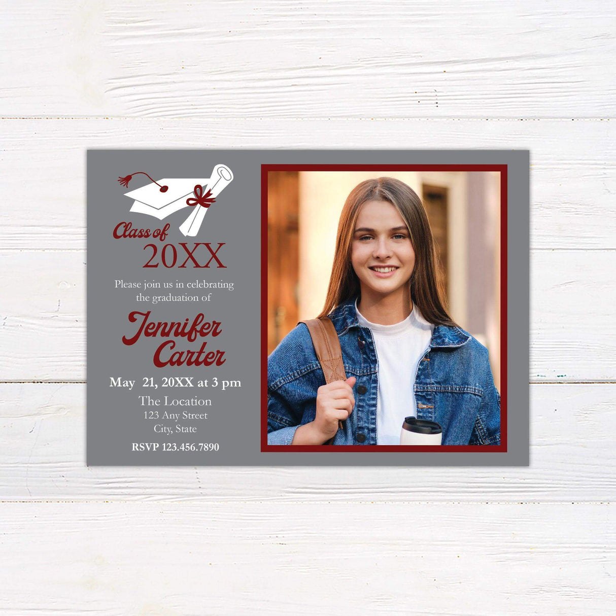 Custom graduation invitation with a split design. The right side features a bordered photo, while the left side includes graduation details with a mortarboard and diploma illustration at the top. The back of the invitation has three photos in a stylish color-block layout. The color is customizable to match school colors. Gray.