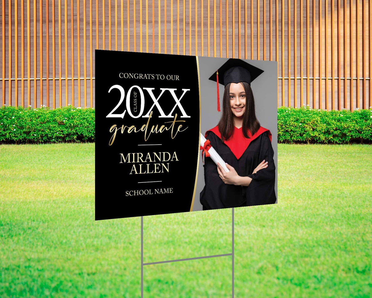 Custom graduation yard sign with photo, featuring an elegant modern design, personalized graduate’s name, class year, and school name. Printed on durable Coreplast plastic, available in custom colors and single or double-sided print, perfect for high school and college graduates. black