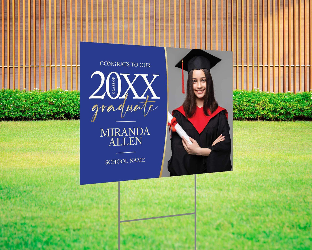 Custom graduation yard sign with photo, featuring an elegant modern design, personalized graduate’s name, class year, and school name. Printed on durable Coreplast plastic, available in custom colors and single or double-sided print, perfect for high school and college graduates. Blue