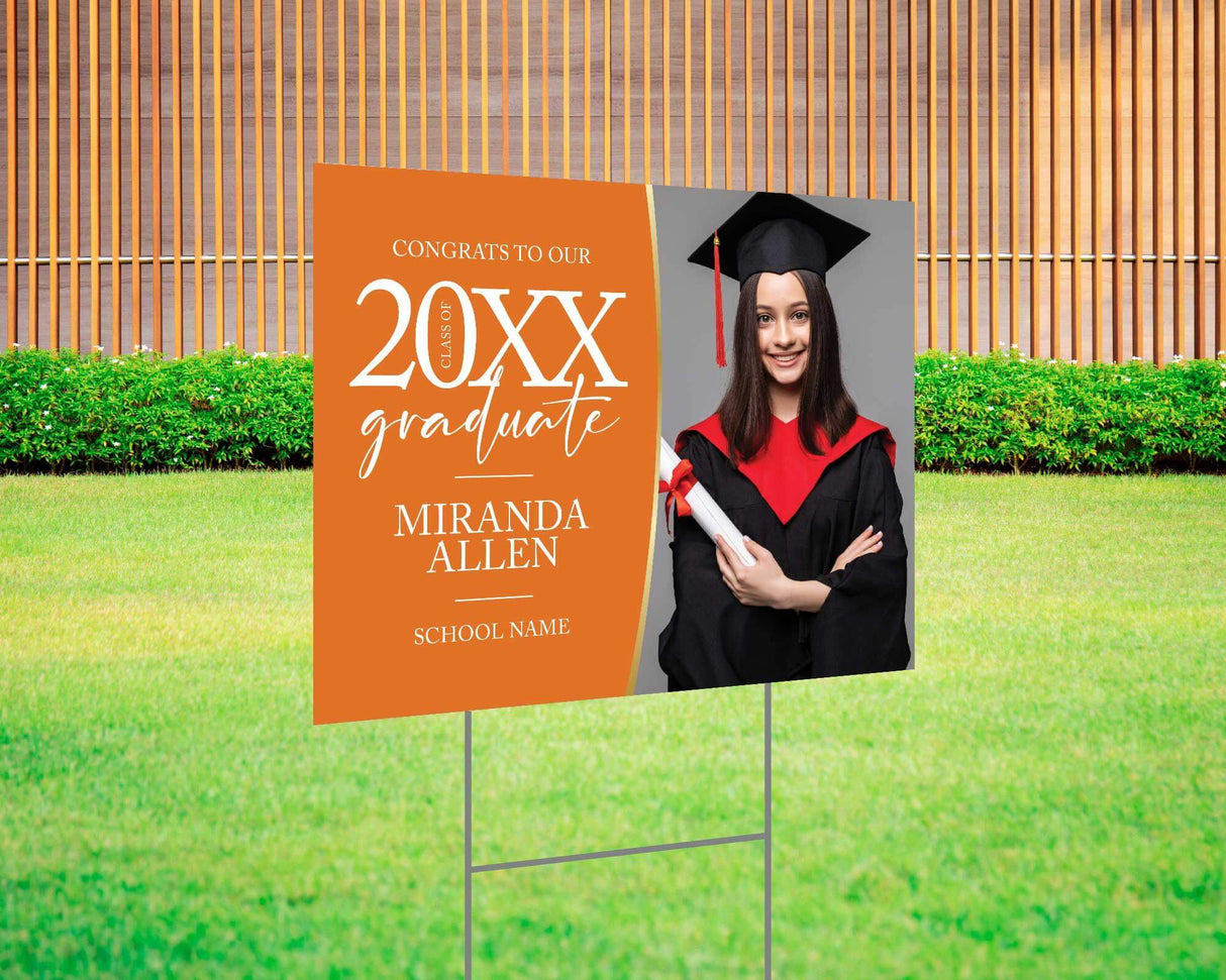 Custom graduation yard sign with photo, featuring an elegant modern design, personalized graduate’s name, class year, and school name. Printed on durable Coreplast plastic, available in custom colors and single or double-sided print, perfect for high school and college graduates. orange