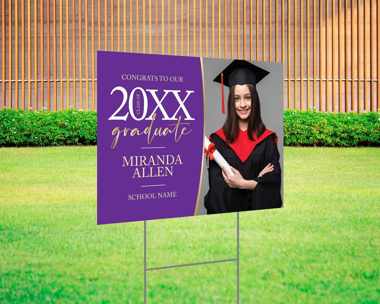 Custom graduation yard sign with photo, featuring an elegant modern design, personalized graduate’s name, class year, and school name. Printed on durable Coreplast plastic, available in custom colors and single or double-sided print, perfect for high school and college graduates. Purple