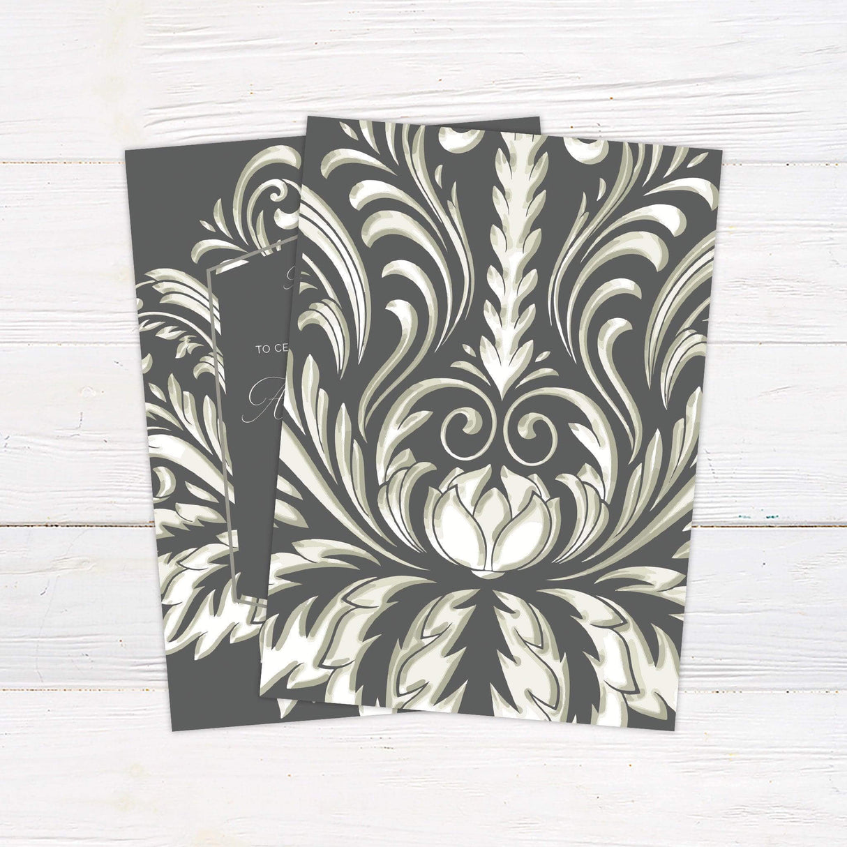 Elegant gray wedding invitation with green and white damask floral border and cursive typography, print-only design for classic ceremonies - back