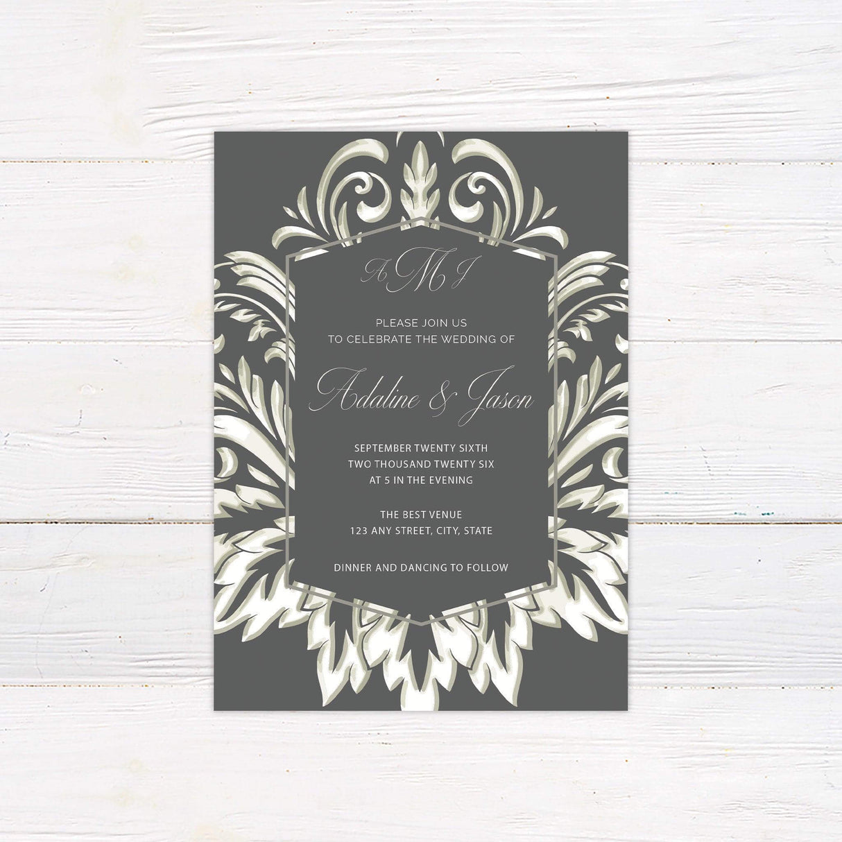 Elegant gray wedding invitation with green and white damask floral border and cursive typography, print-only design for classic ceremonies