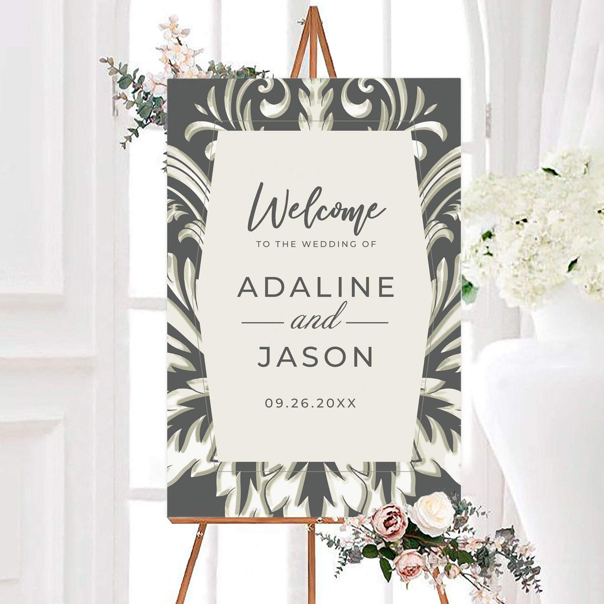 Elegant gray damask wedding welcome sign featuring an ornate damask border, script welcome lettering, and personalized couple names. The classic design includes the wedding date centered beneath the names.