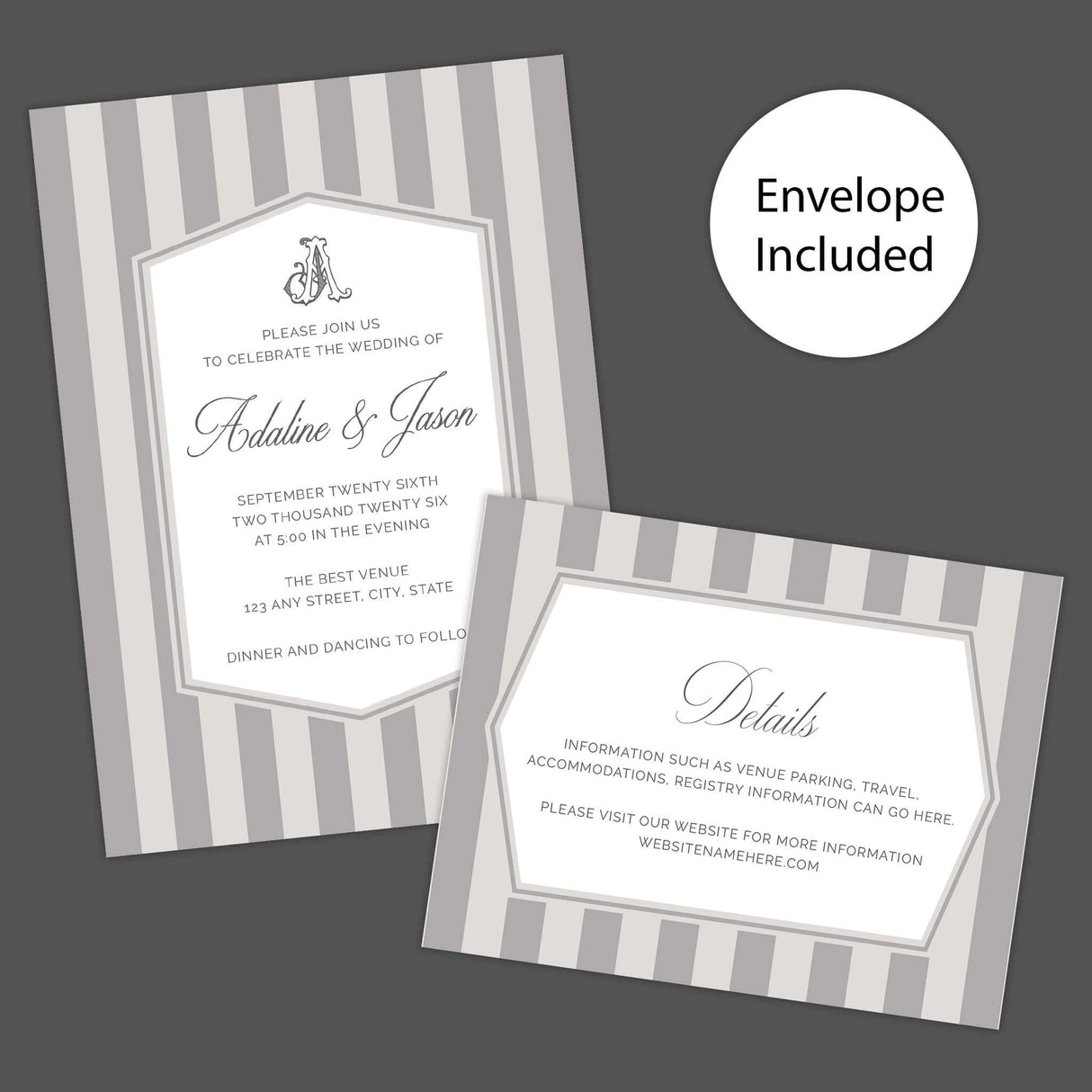 Gray striped wedding invitation with monogram crest, white panel, and classic serif and script fonts - Invite and Details