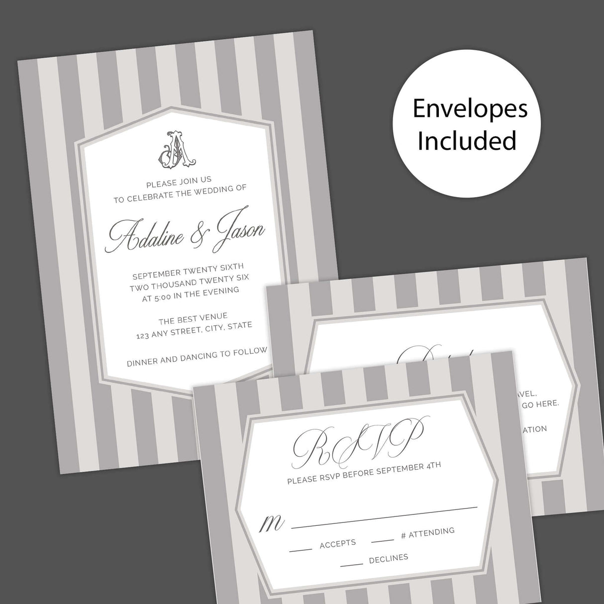 Gray striped wedding invitation with monogram crest, white panel, and classic serif and script fonts - Invite, RSVP and Details