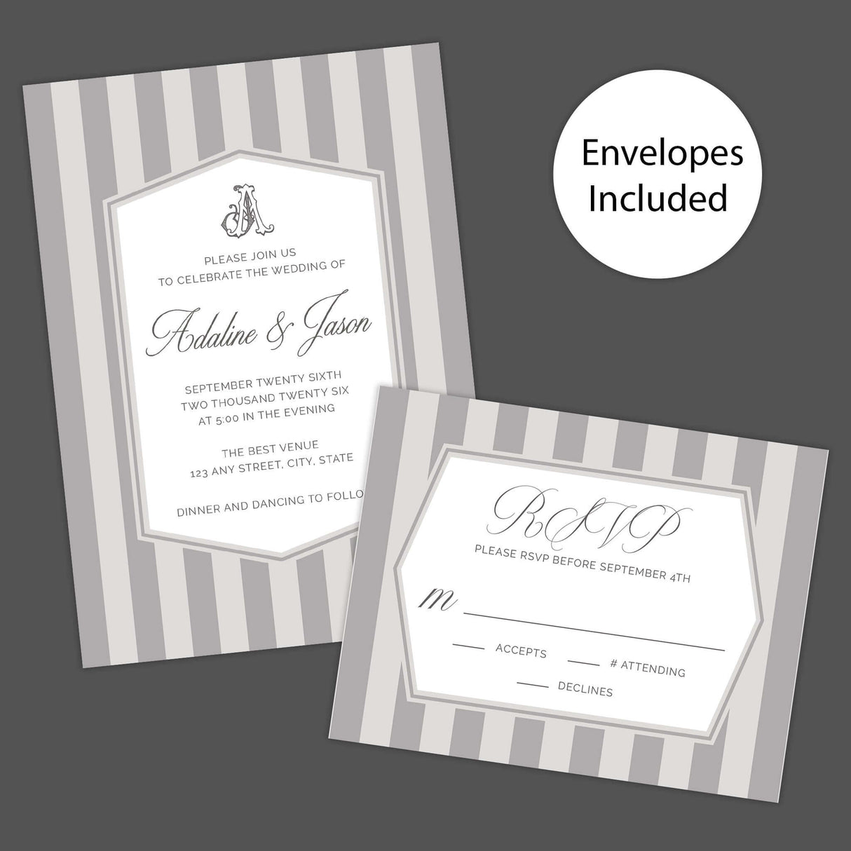 Gray striped wedding invitation with monogram crest, white panel, and classic serif and script fonts - Invite and RSVP