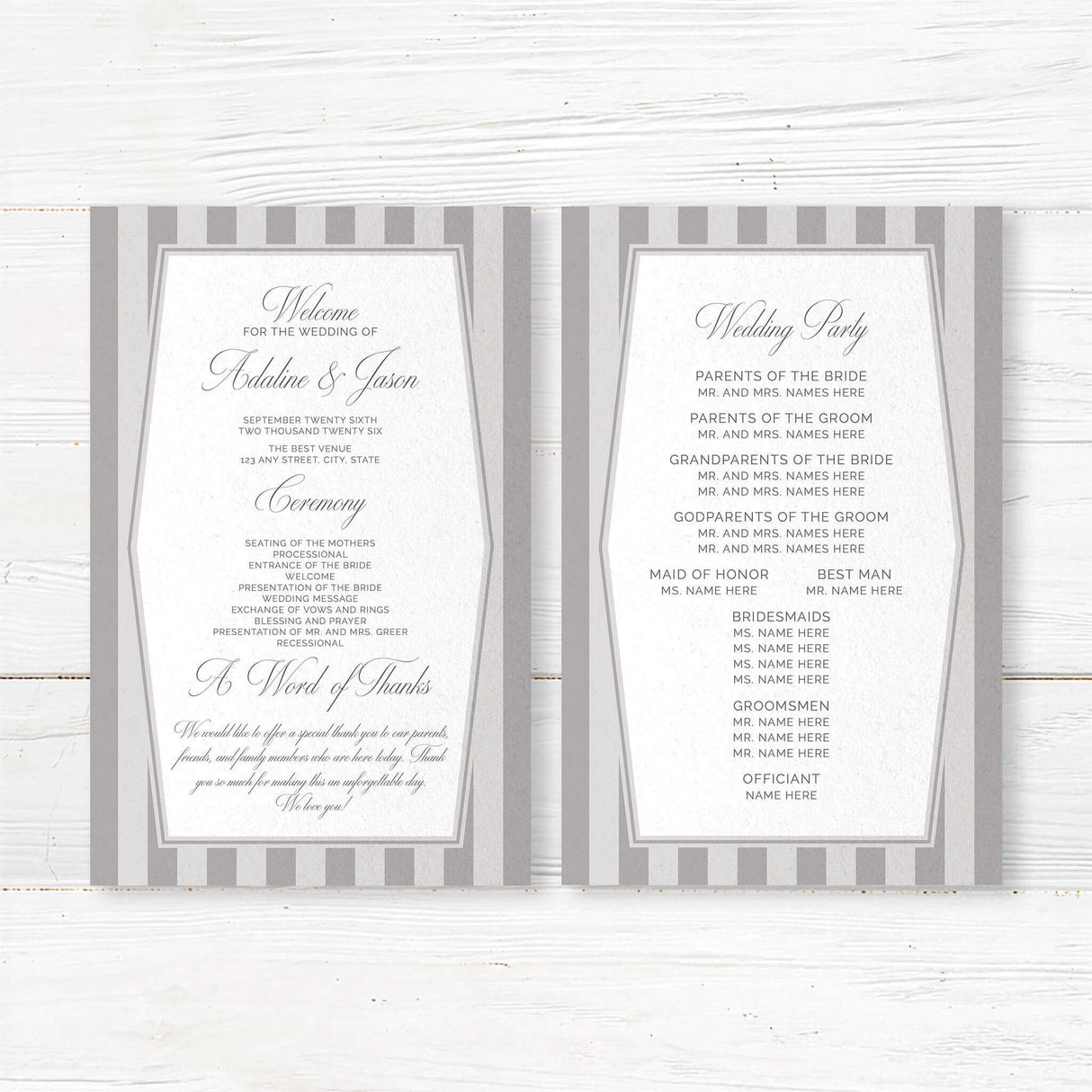 Gray and white wedding program with vertical stripes and monogram crest