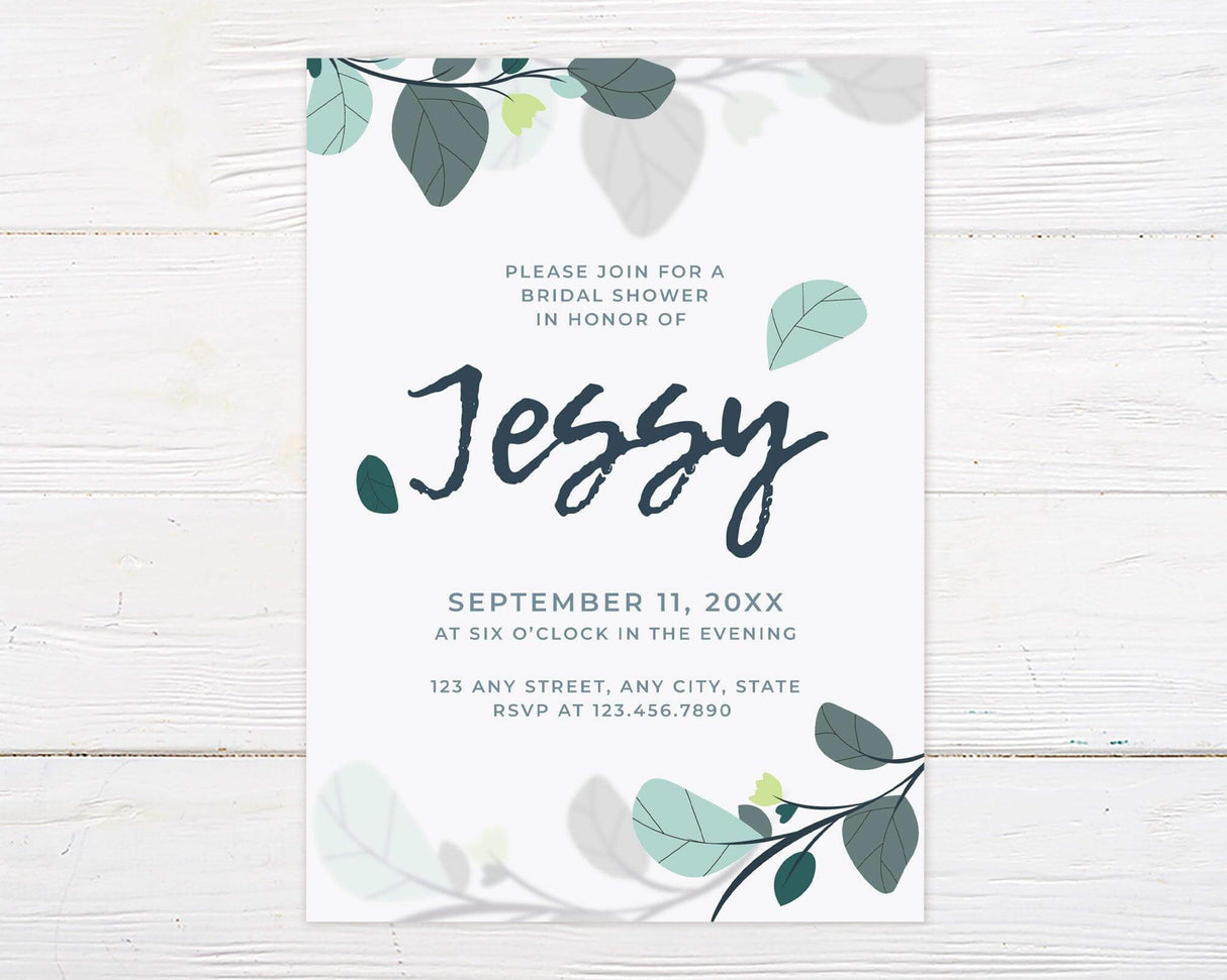 Minimalist bridal shower invitation with teal and gray botanical leaves and modern script, ideal for contemporary or nature-themed bridal showers.