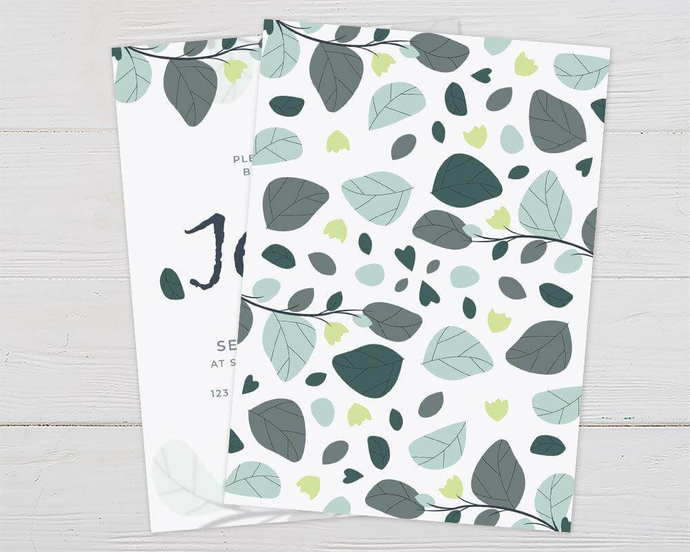 Minimalist bridal shower invitation with teal and gray botanical leaves and modern script, ideal for contemporary or nature-themed bridal showers. - back side