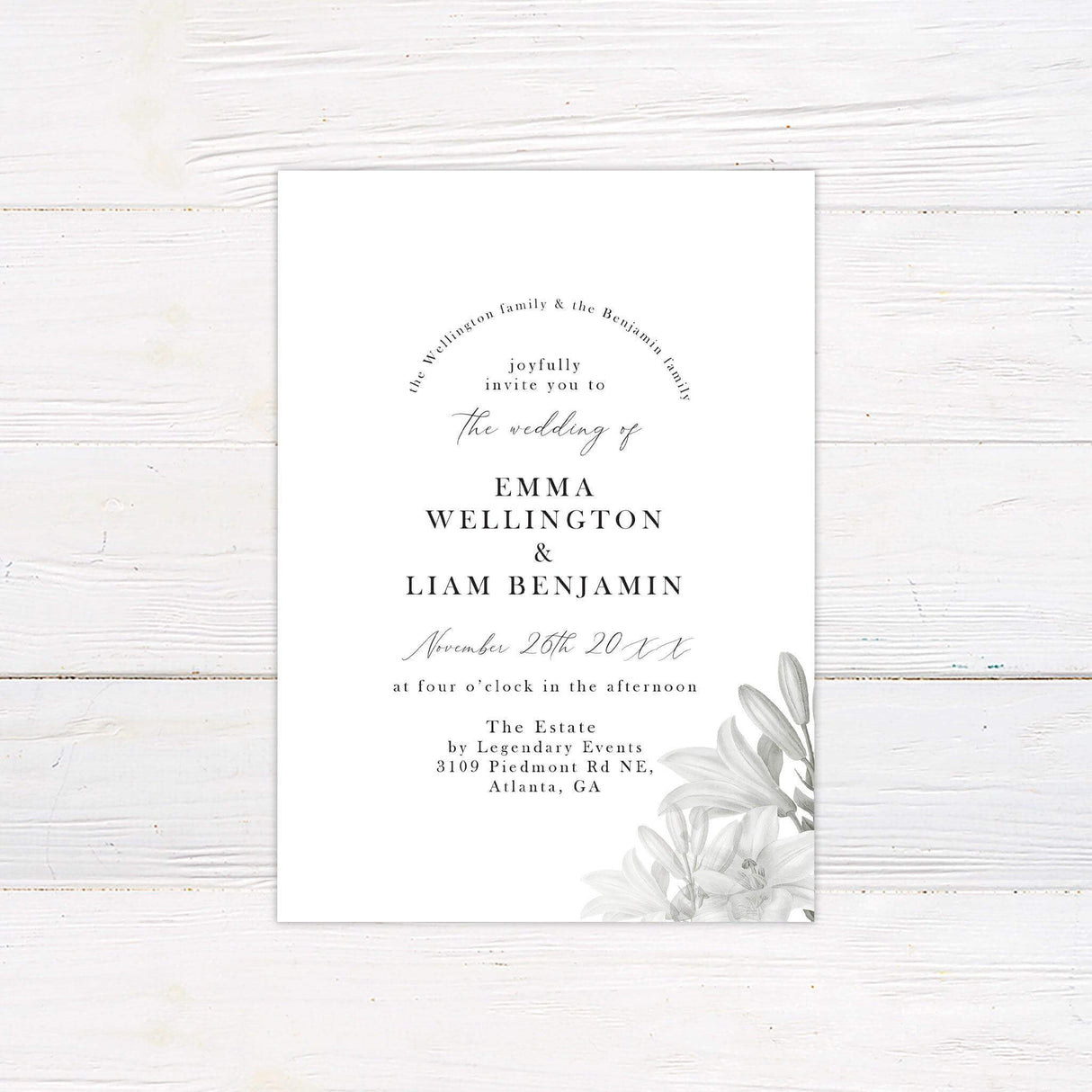 Minimalist grayscale wedding invitation with elegant floral illustration and black script text on white background, print-only formal design
