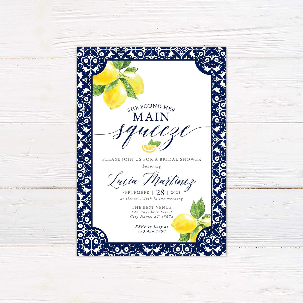 Grecian Tile Bridal Shower Invitation with Lemon Design and Event Details