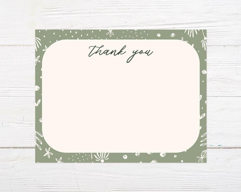 A sage green Green Border Thank You Card with an arch-shaped center and floral border. The design features botanical accents and elegant script text.