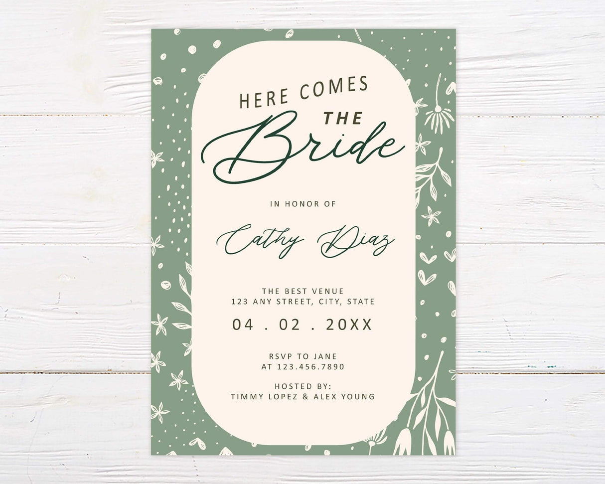 A sage green Green Border Invitation with an arch-shaped center and floral border. The design features botanical accents and elegant script text.