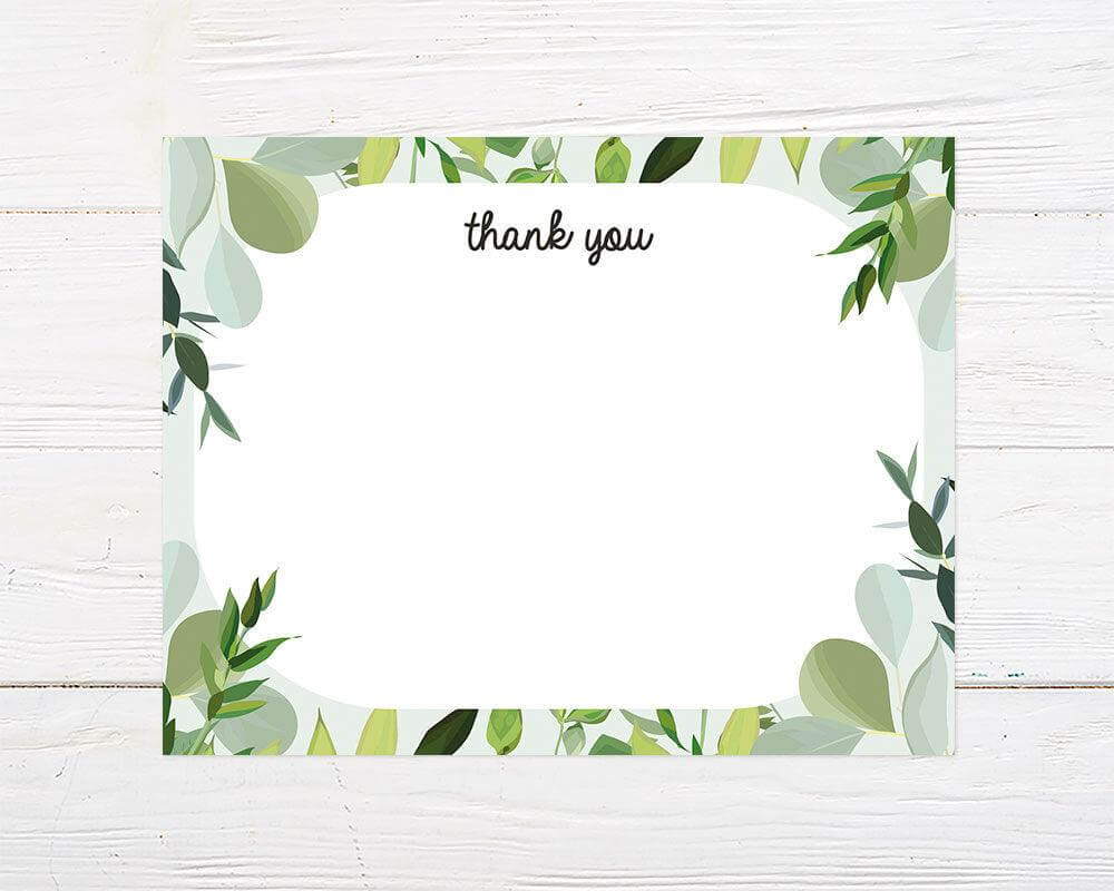 Thank you card with green leaves border and elegant botanical design for bridal showers.