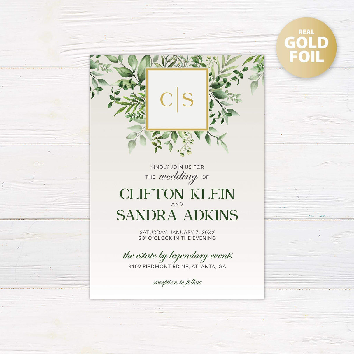 Green Monogram Foil Invitation - goprintplus