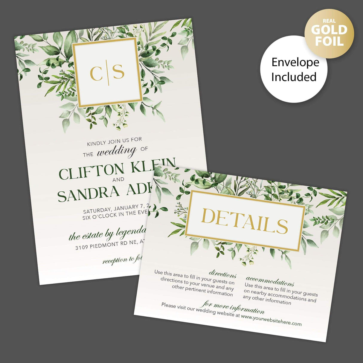 Green Monogram Foil Invitation - goprintplus