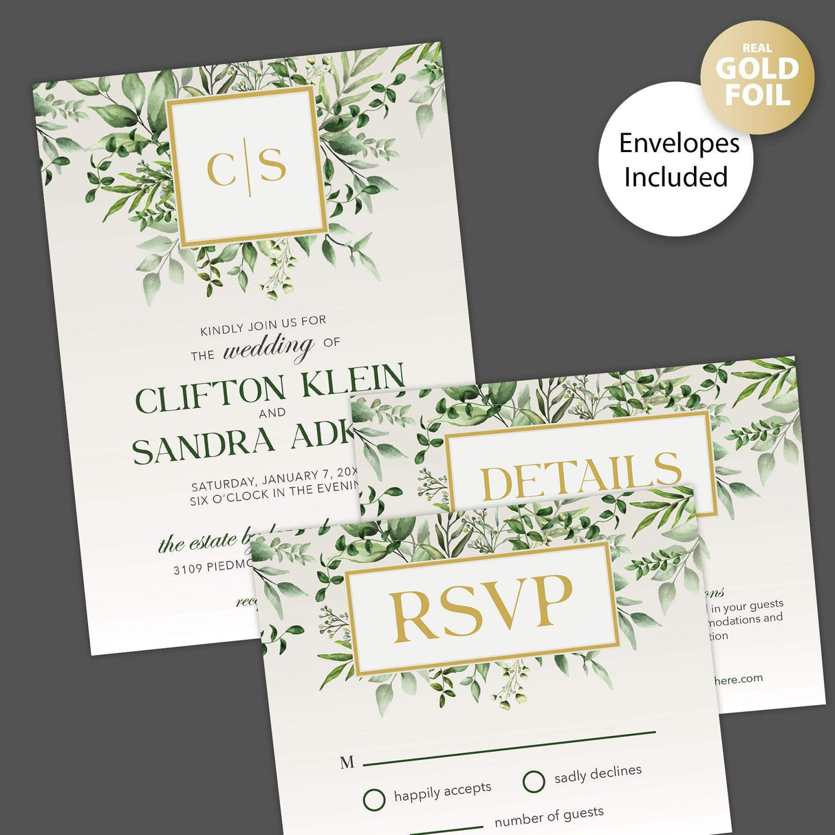 Green Monogram Foil Invitation - goprintplus