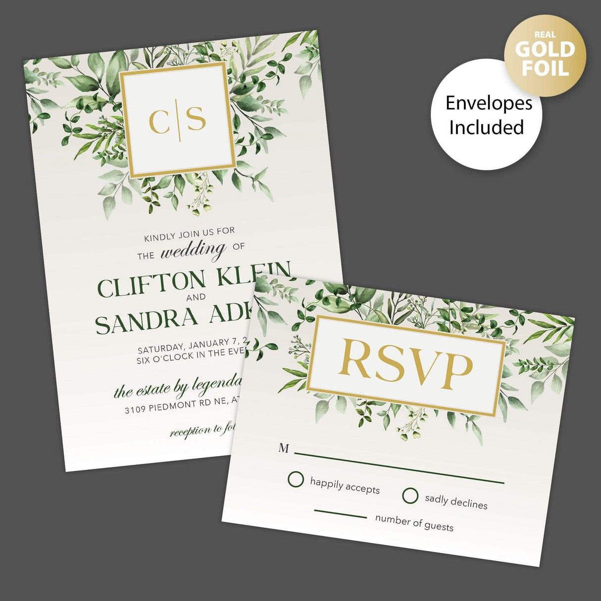 Green Monogram Foil Invitation - goprintplus