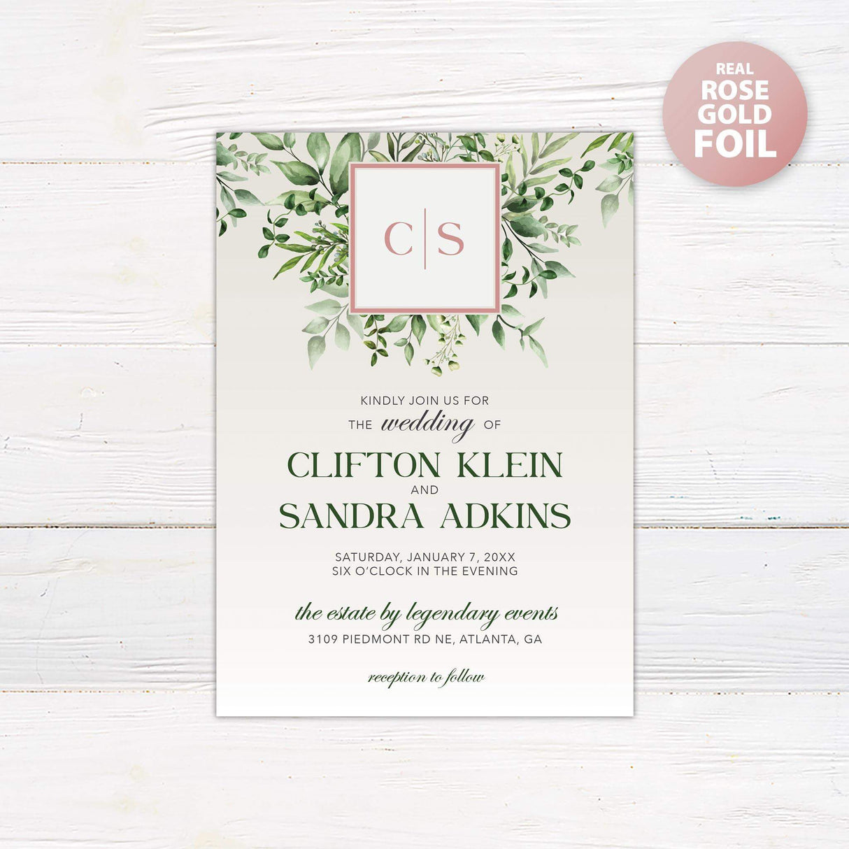 Green Monogram Foil Invitation - goprintplus