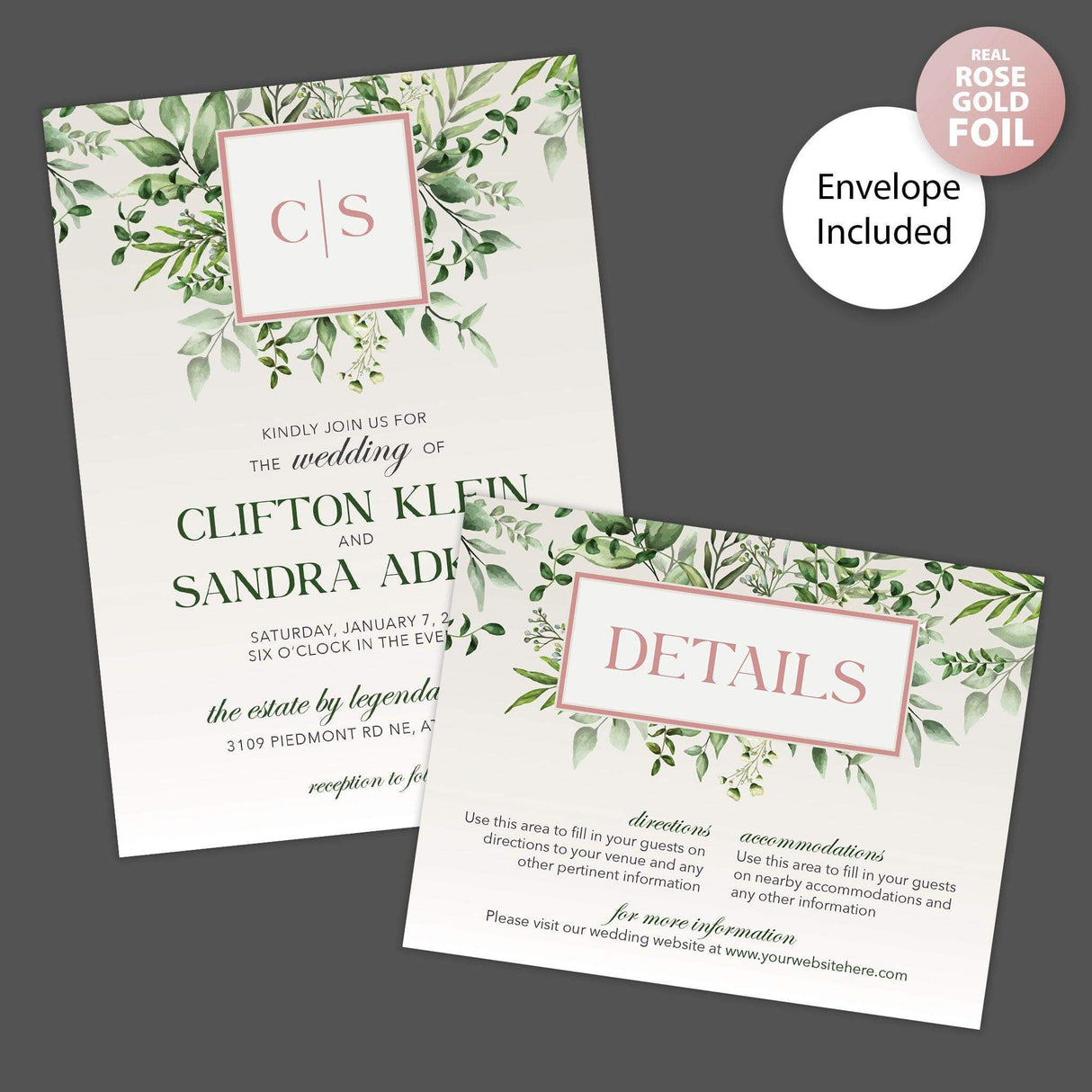 Green Monogram Foil Invitation - goprintplus