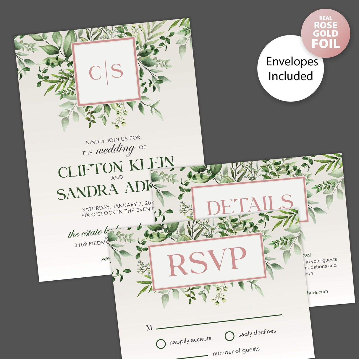 Green Monogram Foil Invitation - goprintplus