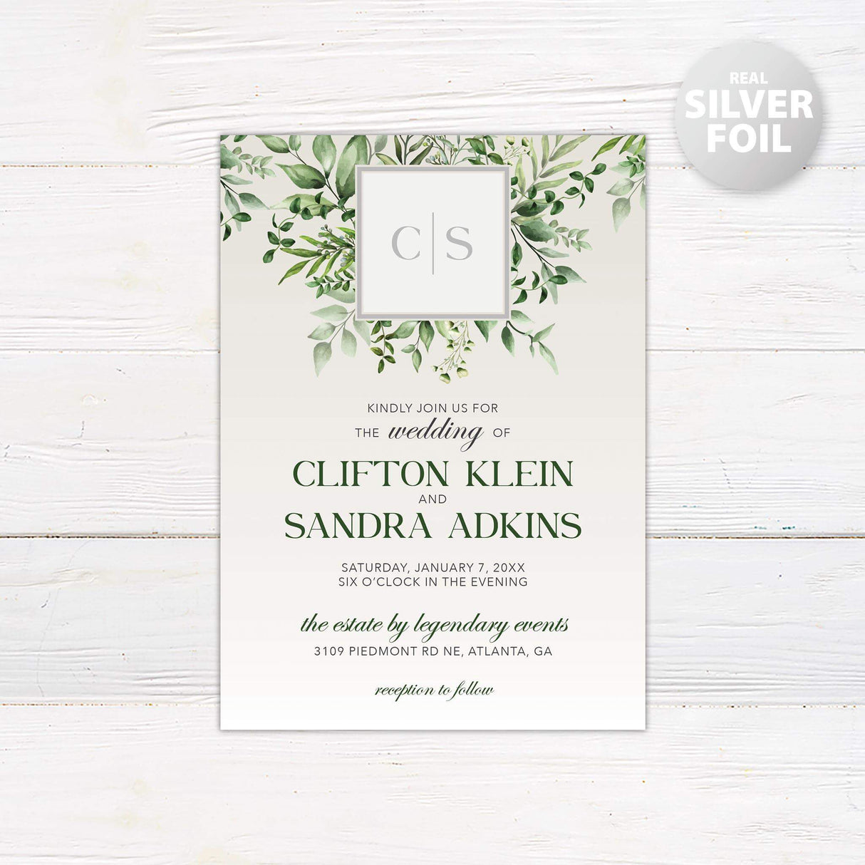 Green Monogram Foil Invitation - goprintplus