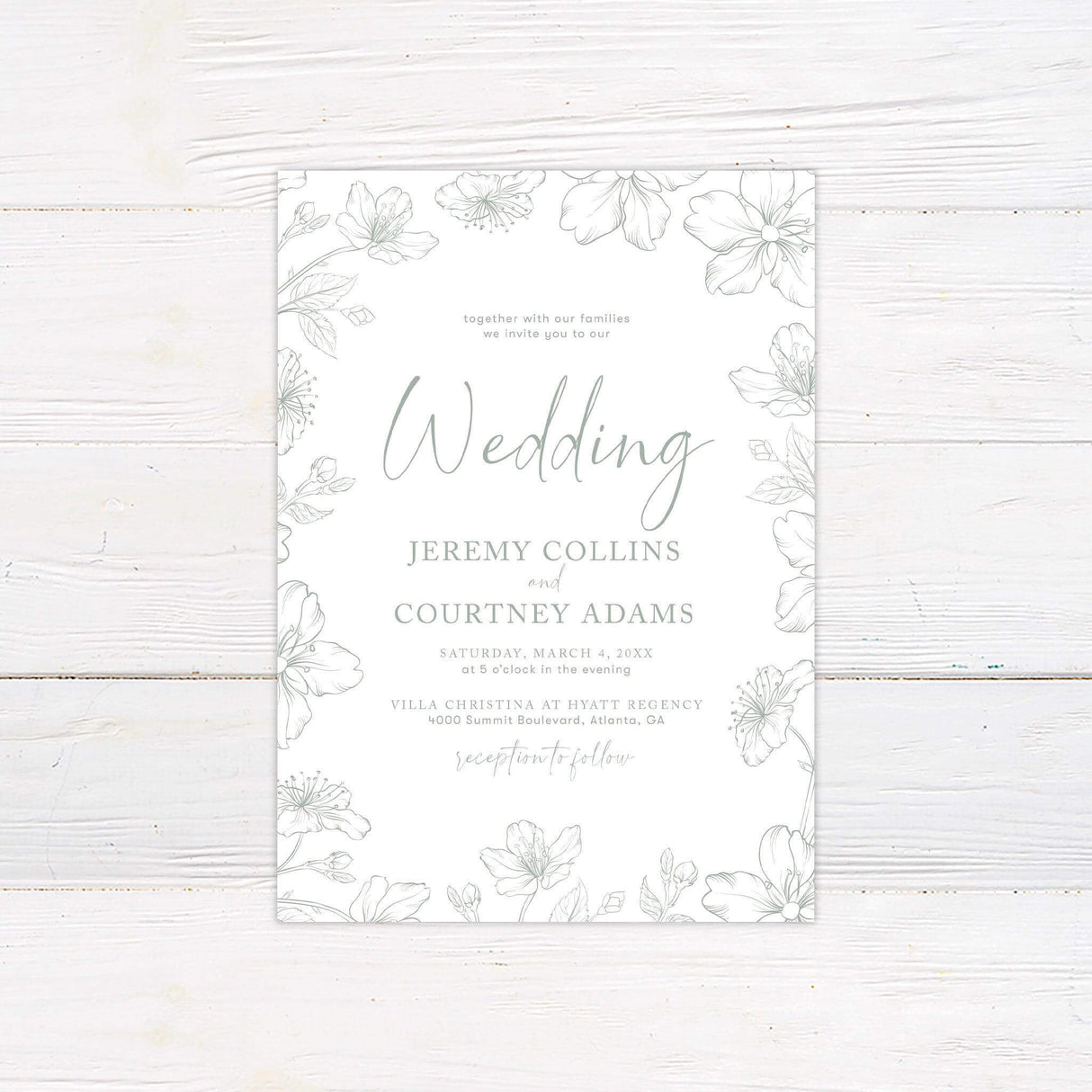 Minimalist wedding invitation with green sakura floral border and elegant script and serif typography