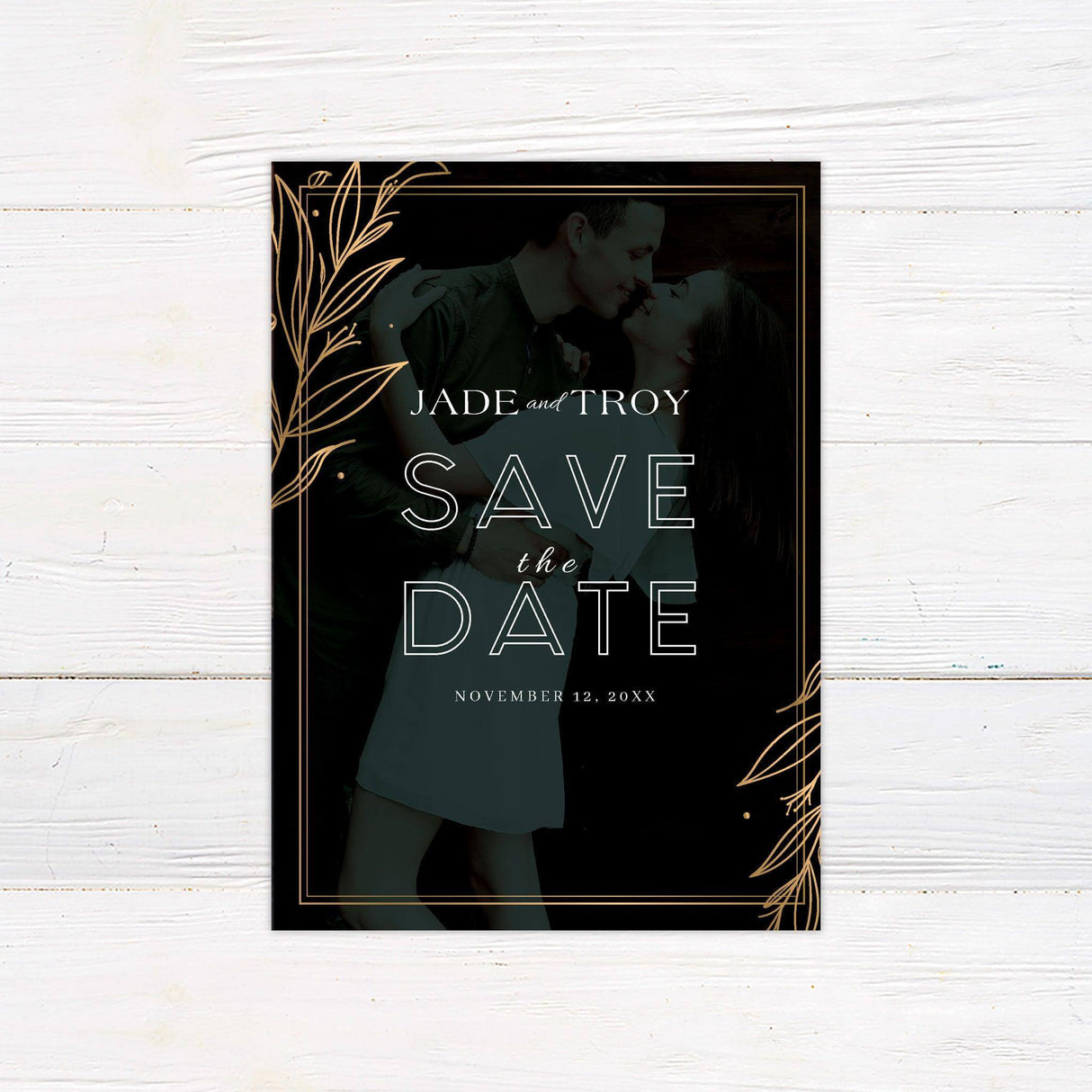 Green and Gold Leaves Save The Date - goprintplus