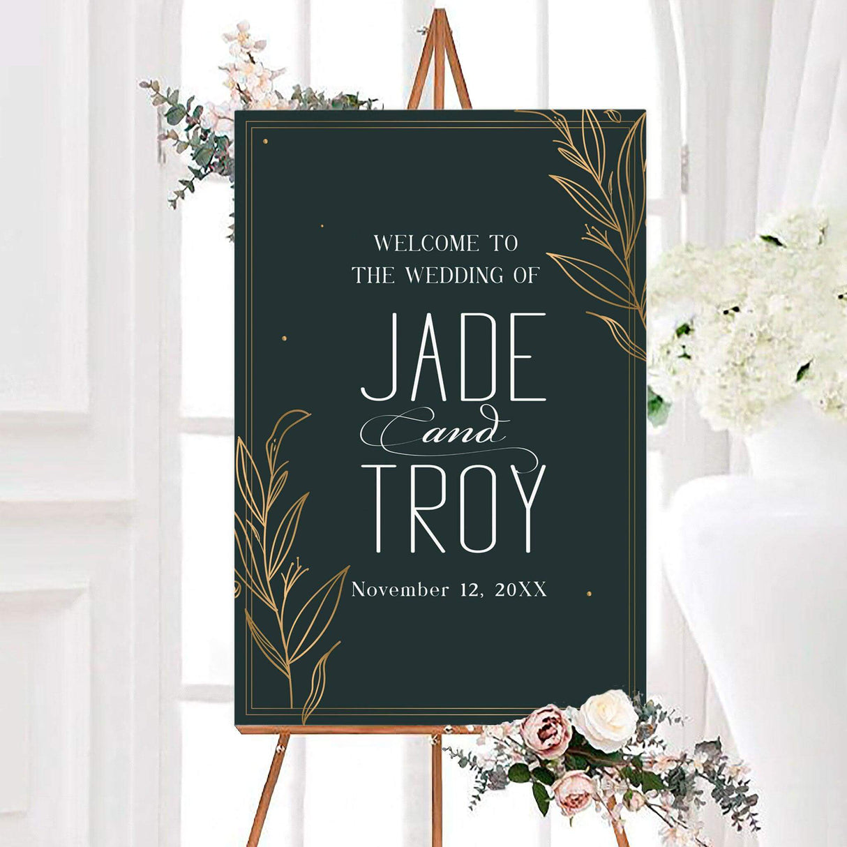 Modern green and gold leaves wedding welcome sign with a deep green background, gold botanical line art, and elegant white lettering. The sign is personalized with the couple’s names and wedding date.