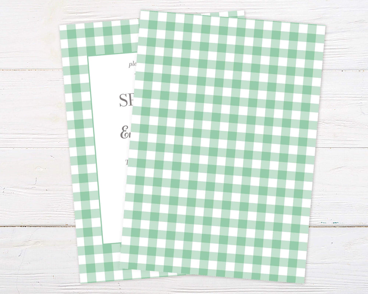 Baby sprinkle invitation with a green and white gingham border. The centered text reads "Baby Sprinkle" in an elegant serif font, followed by details honoring Emma Duncan. The event date, time, venue, RSVP details, and registry information are included in a soft gray font on a white background. The design has a charming, rustic feel. Back.