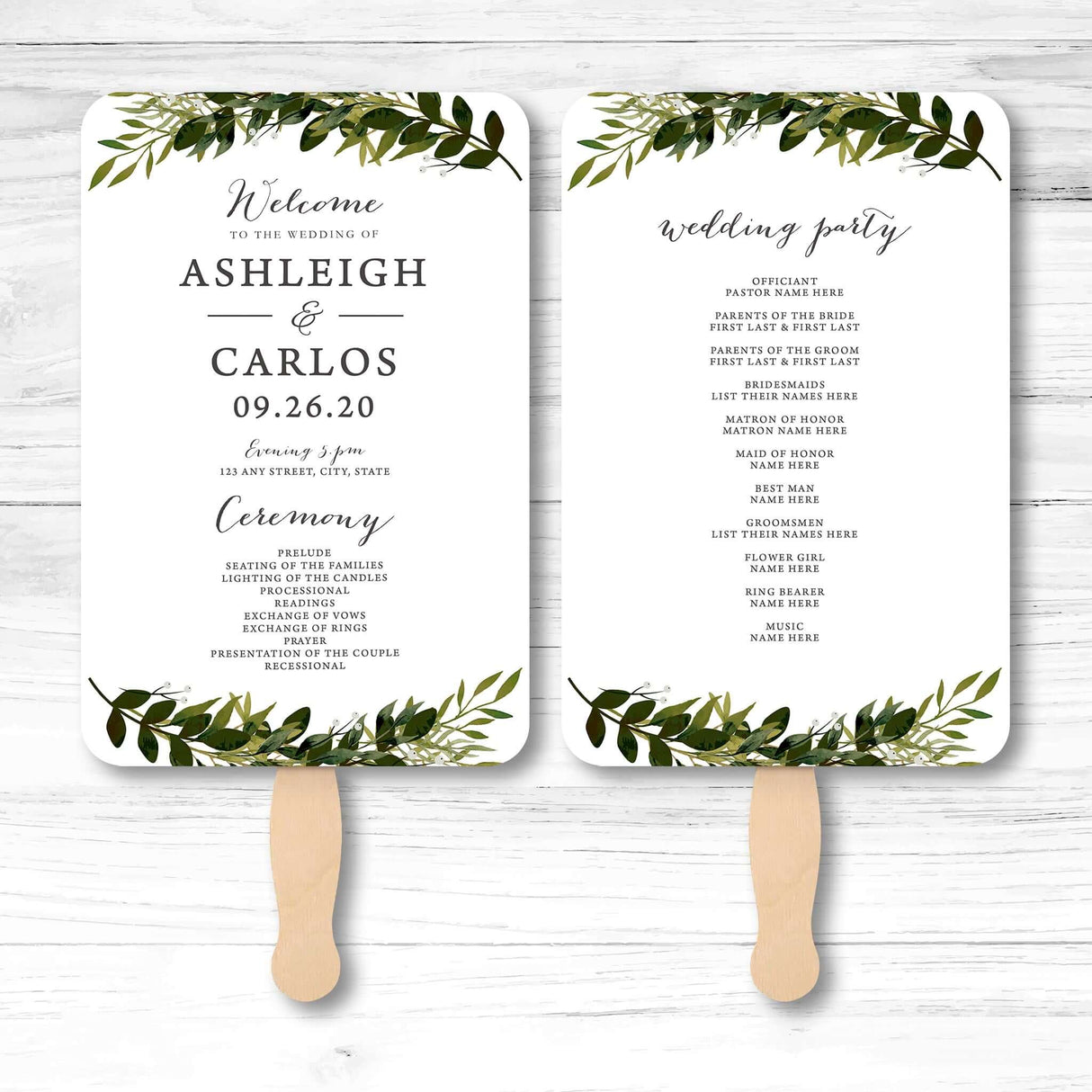 Botanical greenery wedding program fan with vine illustration, wooden handle, and double-sided layout for ceremony details and wedding party info